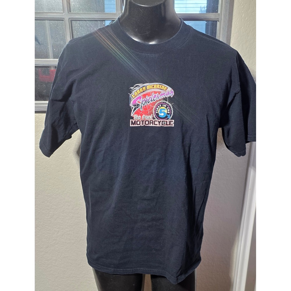 Larry McBride Spiderman Top Fuel Motorcycle Racing T-Shirt Mens Large Black